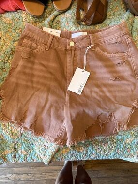 VERVET BY FLYING MONKEY Rust Brown Distressed High-Rise Denim Shorts